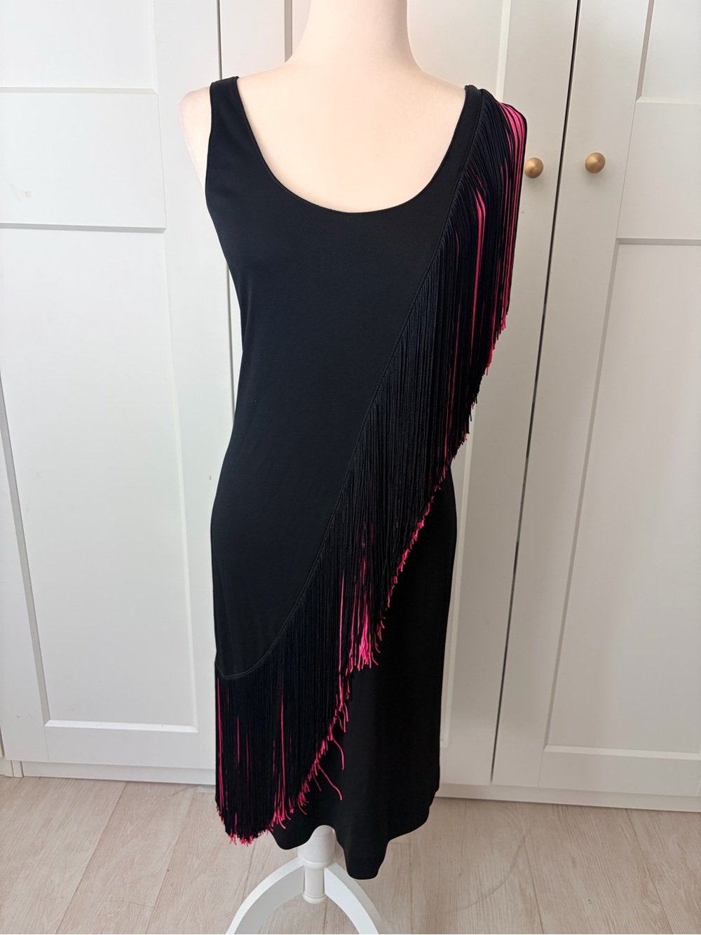 Lilli Diamond Vintage One-Shoulder Black Dress with Black & Pink Fringe | S